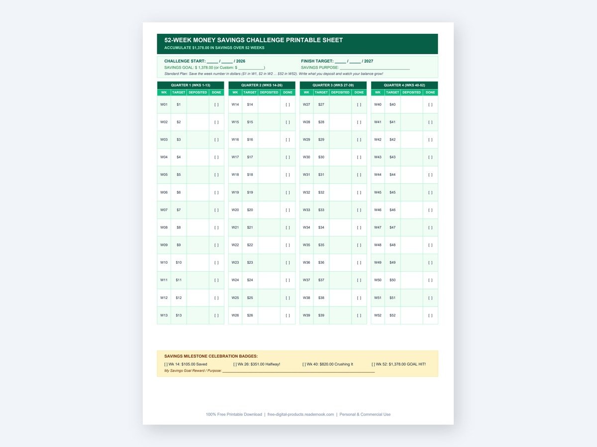 52-Week Money Savings Challenge Printable Sheet