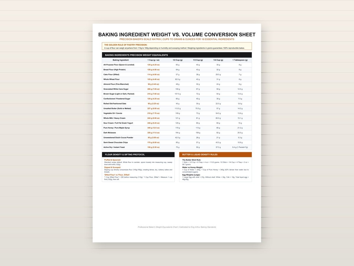 Baking Ingredient Weight vs Volume Conversion Sheet