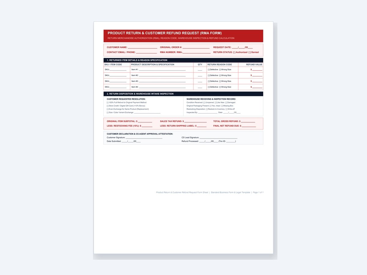 Product Return & Customer Refund Request Form Sheet
